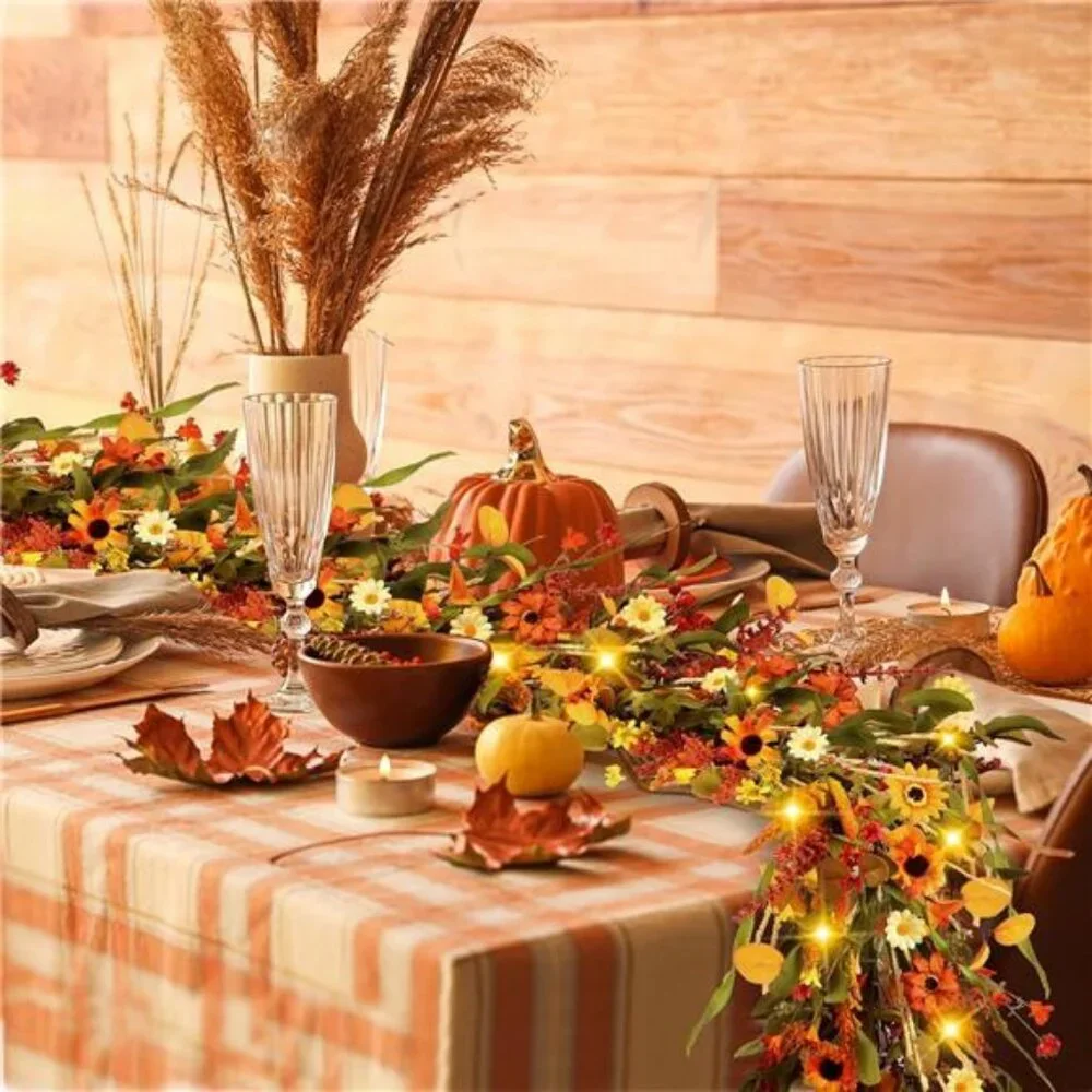 Fall Garland with Lights 6Ft Autumn Garland with Orange Daisy
